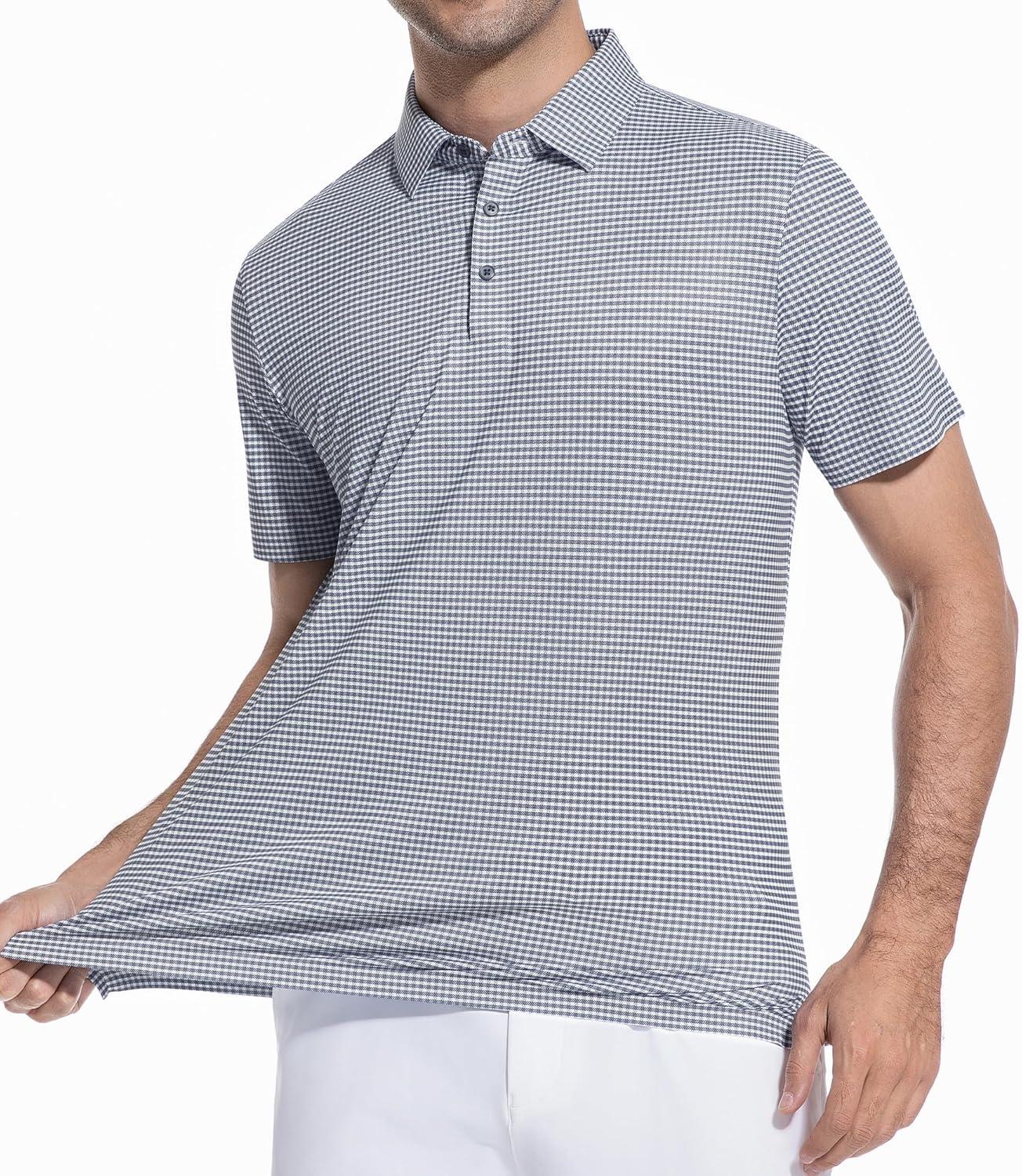 imageAlex Vando Mens Check Print Golf Shirt Cooling Stretch Short Sleeve Shirt for Golf Work amp CasualNavy Grey Check