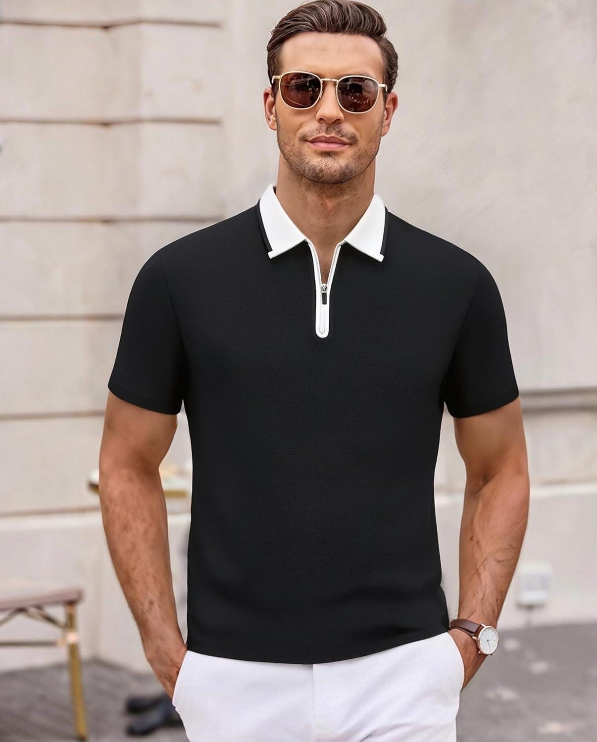 imageAlex Vando Mens Golf Shirt Quick Dry Stretch Performance Zip Short Sleeve Polo ShirtBlack