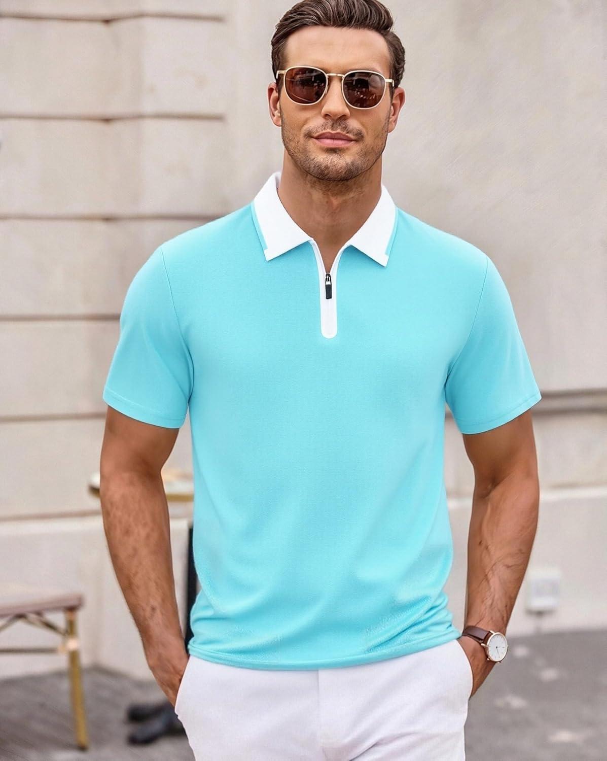 imageAlex Vando Mens Golf Shirt Quick Dry Stretch Performance Zip Short Sleeve Polo ShirtBlue