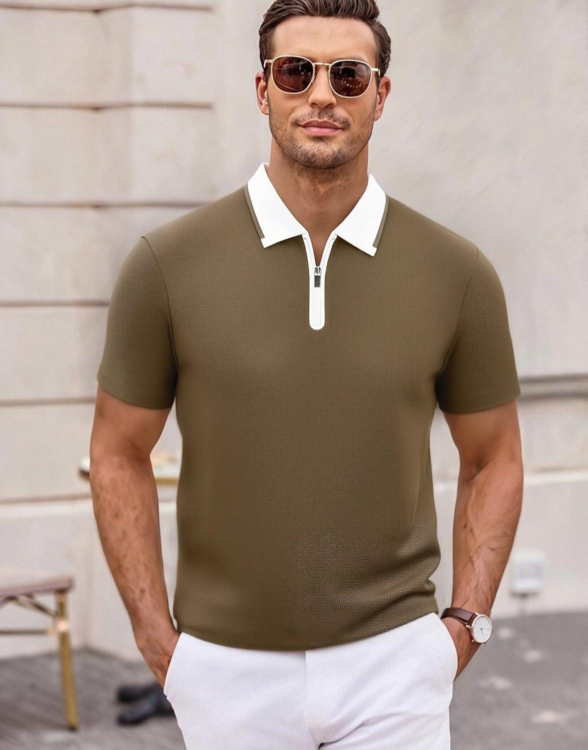 imageAlex Vando Mens Golf Shirt Quick Dry Stretch Performance Zip Short Sleeve Polo ShirtCoffee