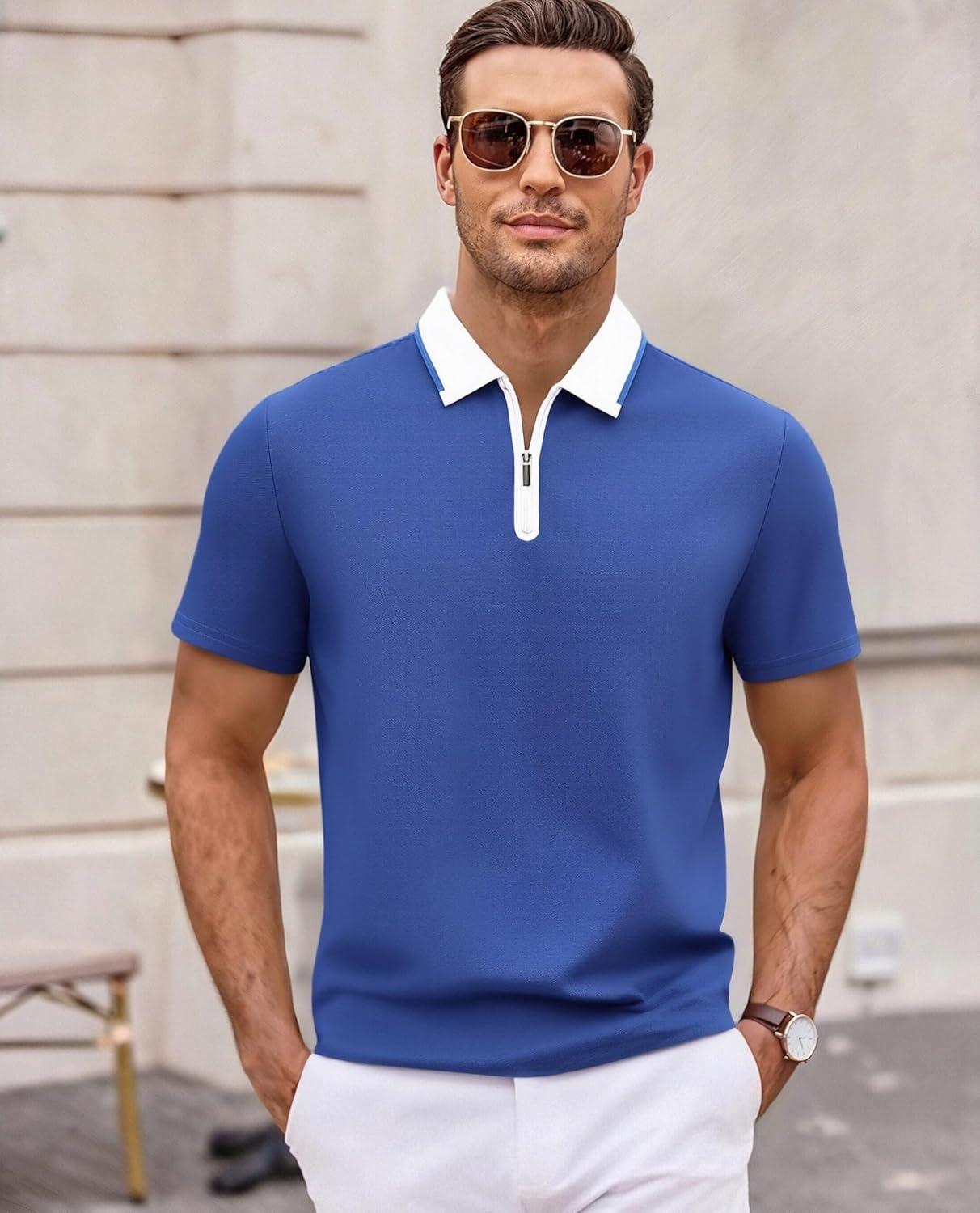 imageAlex Vando Mens Golf Shirt Quick Dry Stretch Performance Zip Short Sleeve Polo ShirtRoyal