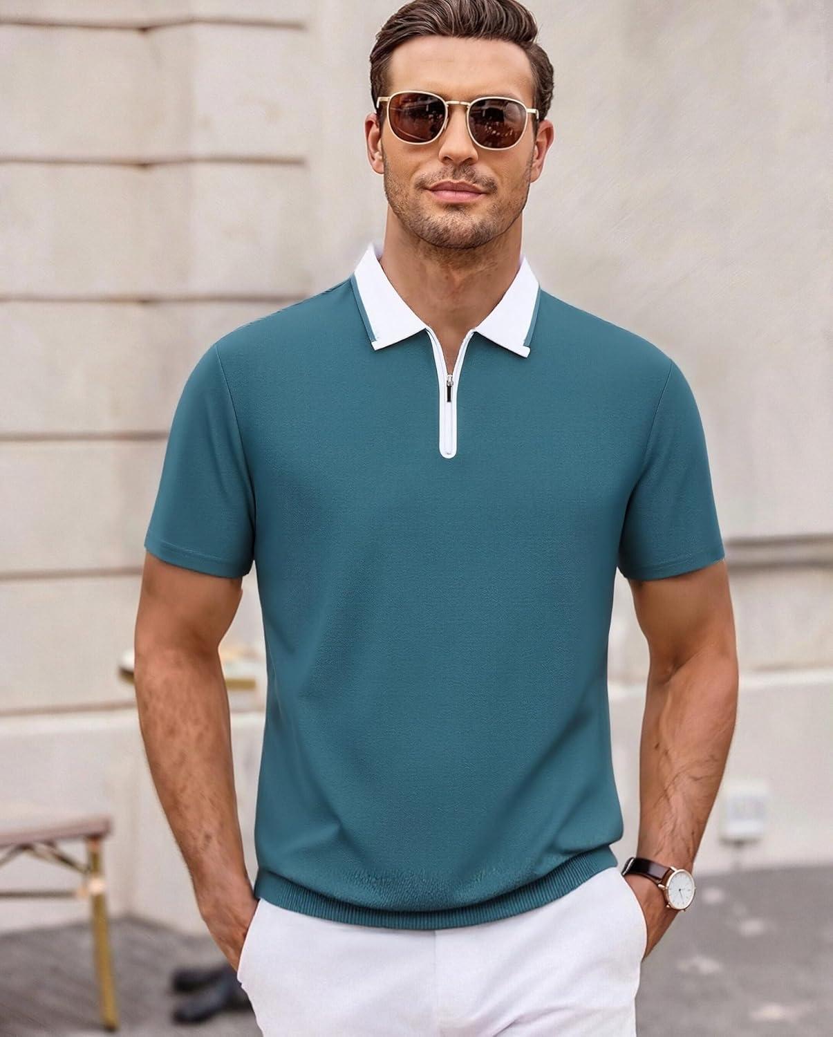 imageAlex Vando Mens Golf Shirt Quick Dry Stretch Performance Zip Short Sleeve Polo ShirtTeal
