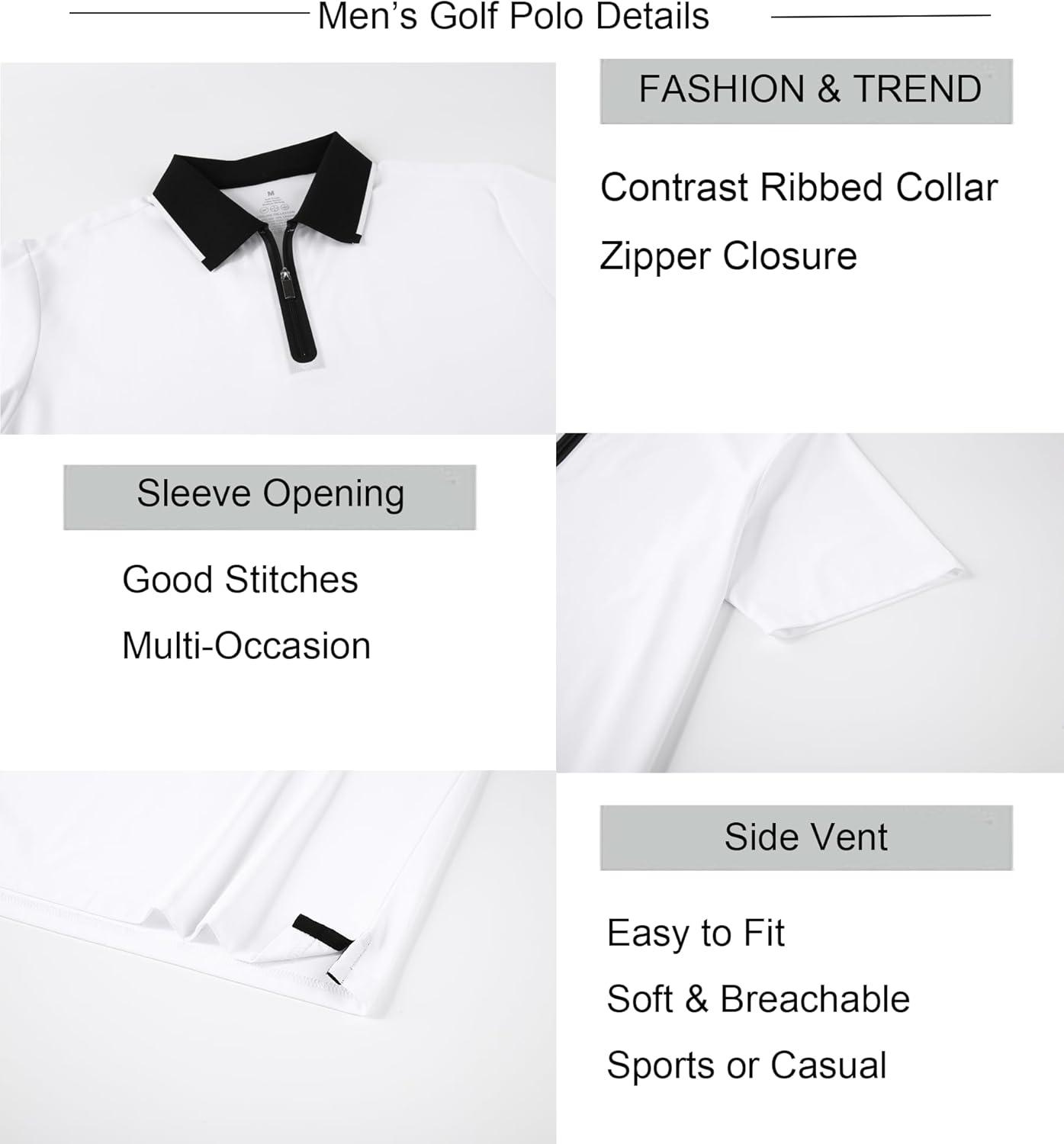 imageAlex Vando Mens Golf Shirt Quick Dry Stretch Performance Zip Short Sleeve Polo ShirtWhite