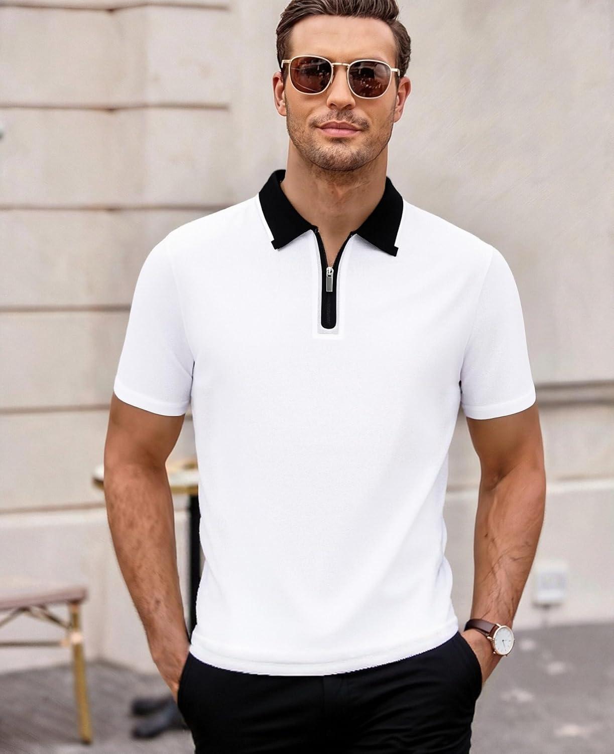 imageAlex Vando Mens Golf Shirt Quick Dry Stretch Performance Zip Short Sleeve Polo ShirtWhite