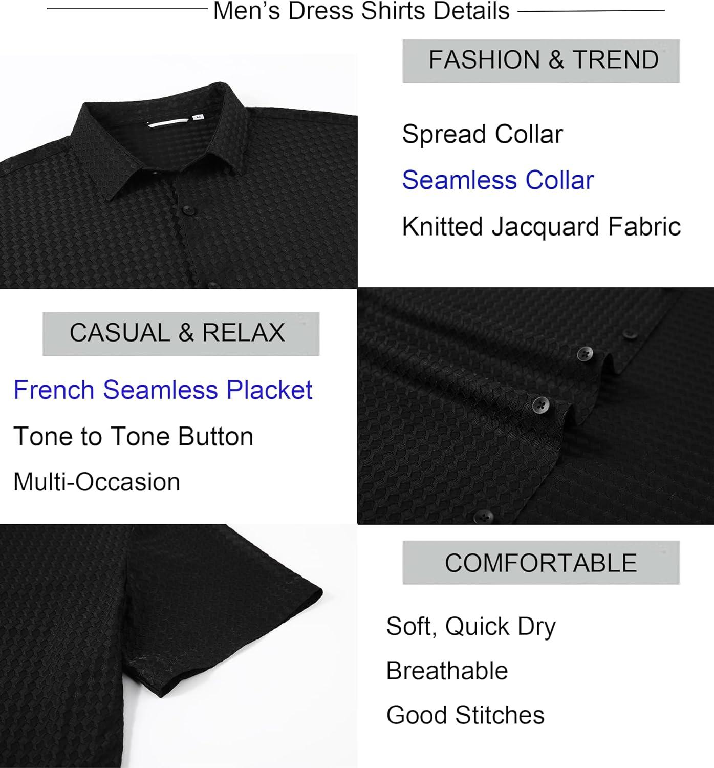 imageAlex Vando Mens Jacquard Knit Button Down Shirts Breathable Stretch Business Casual Short Sleeve ShirtBlack