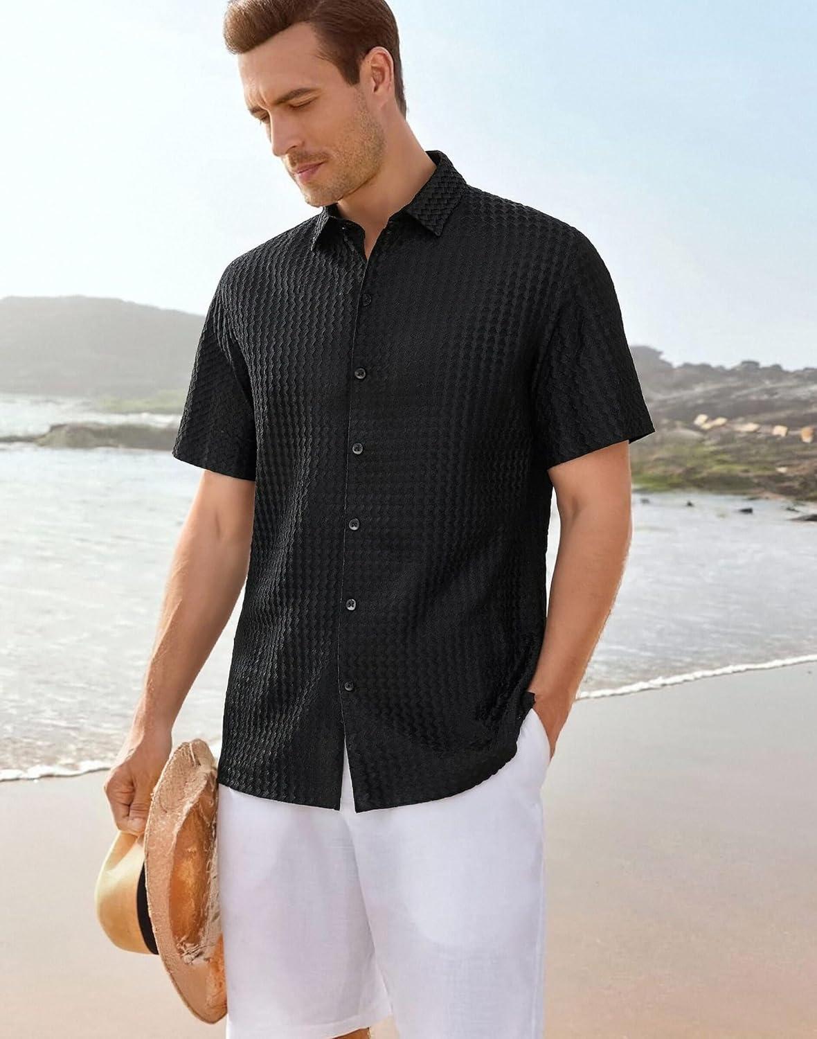 imageAlex Vando Mens Jacquard Knit Button Down Shirts Breathable Stretch Business Casual Short Sleeve ShirtBlack