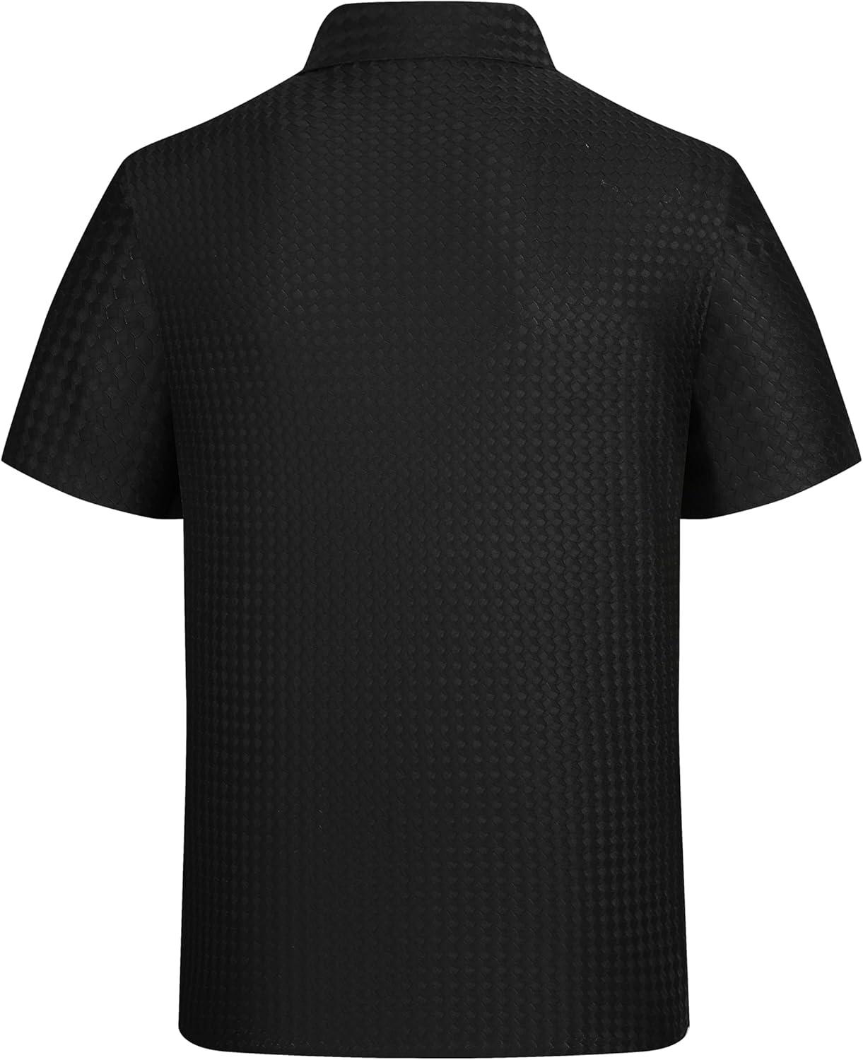 imageAlex Vando Mens Jacquard Knit Button Down Shirts Breathable Stretch Business Casual Short Sleeve ShirtBlack