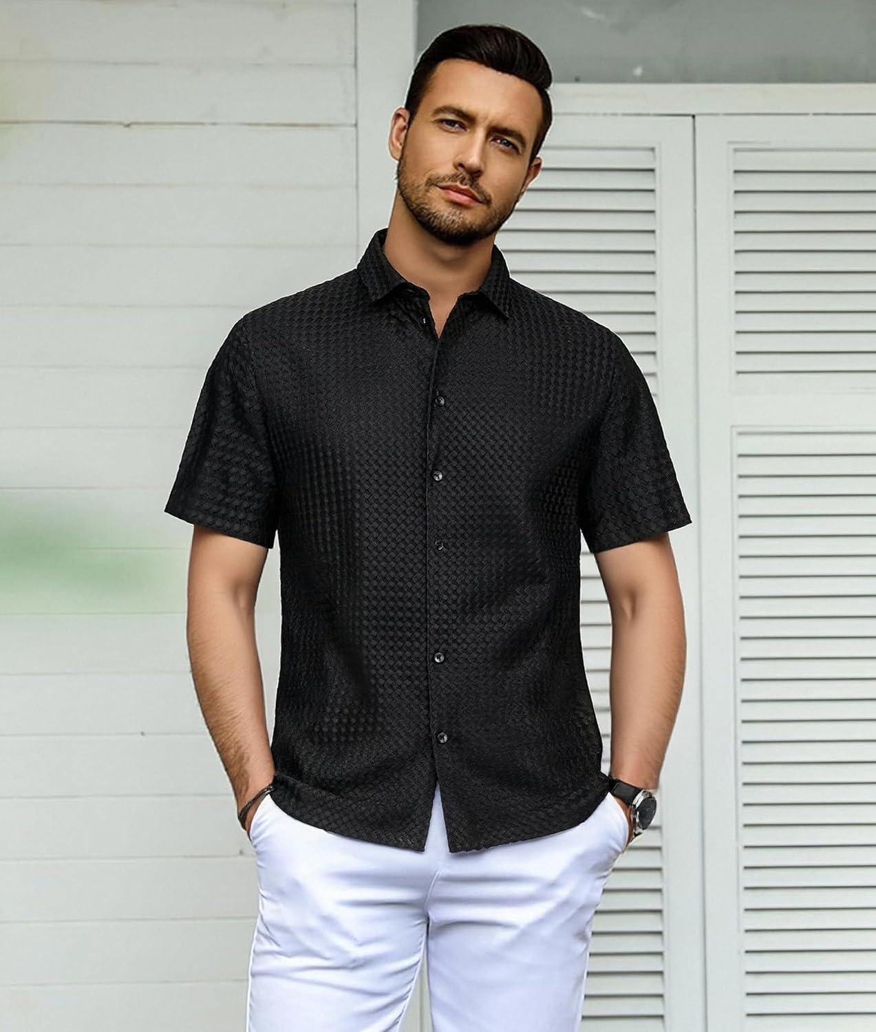 imageAlex Vando Mens Jacquard Knit Button Down Shirts Breathable Stretch Business Casual Short Sleeve ShirtBlack