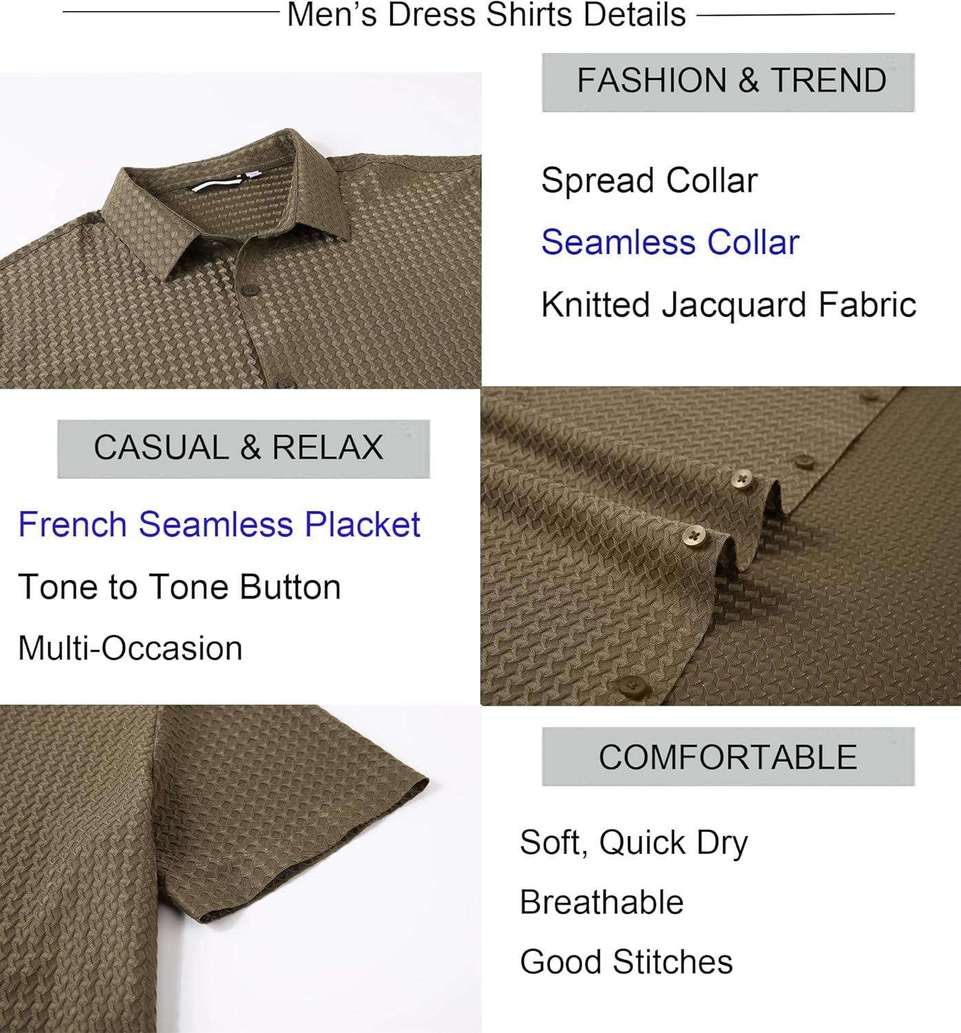 imageAlex Vando Mens Jacquard Knit Button Down Shirts Breathable Stretch Business Casual Short Sleeve ShirtCoffee