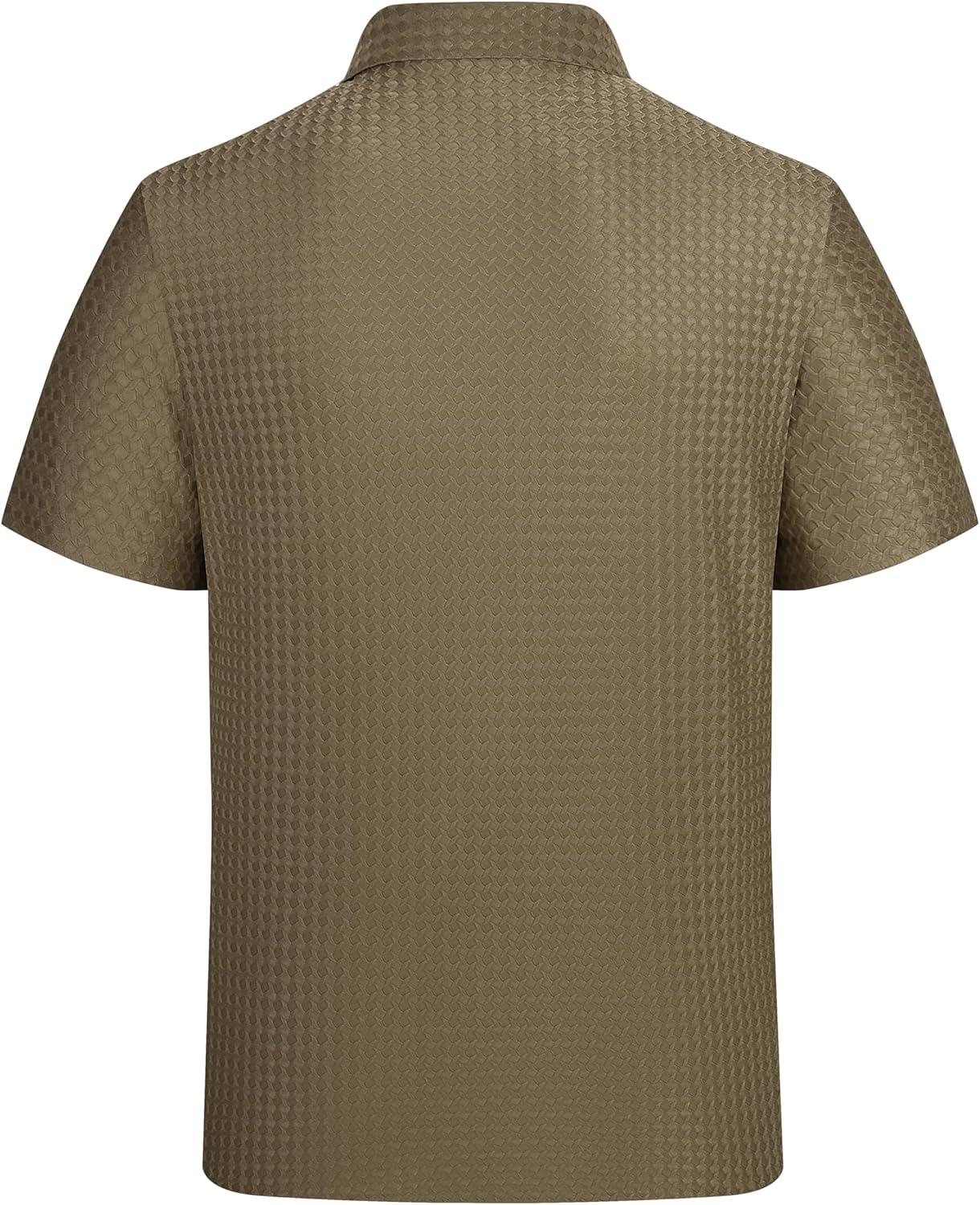 imageAlex Vando Mens Jacquard Knit Button Down Shirts Breathable Stretch Business Casual Short Sleeve ShirtCoffee