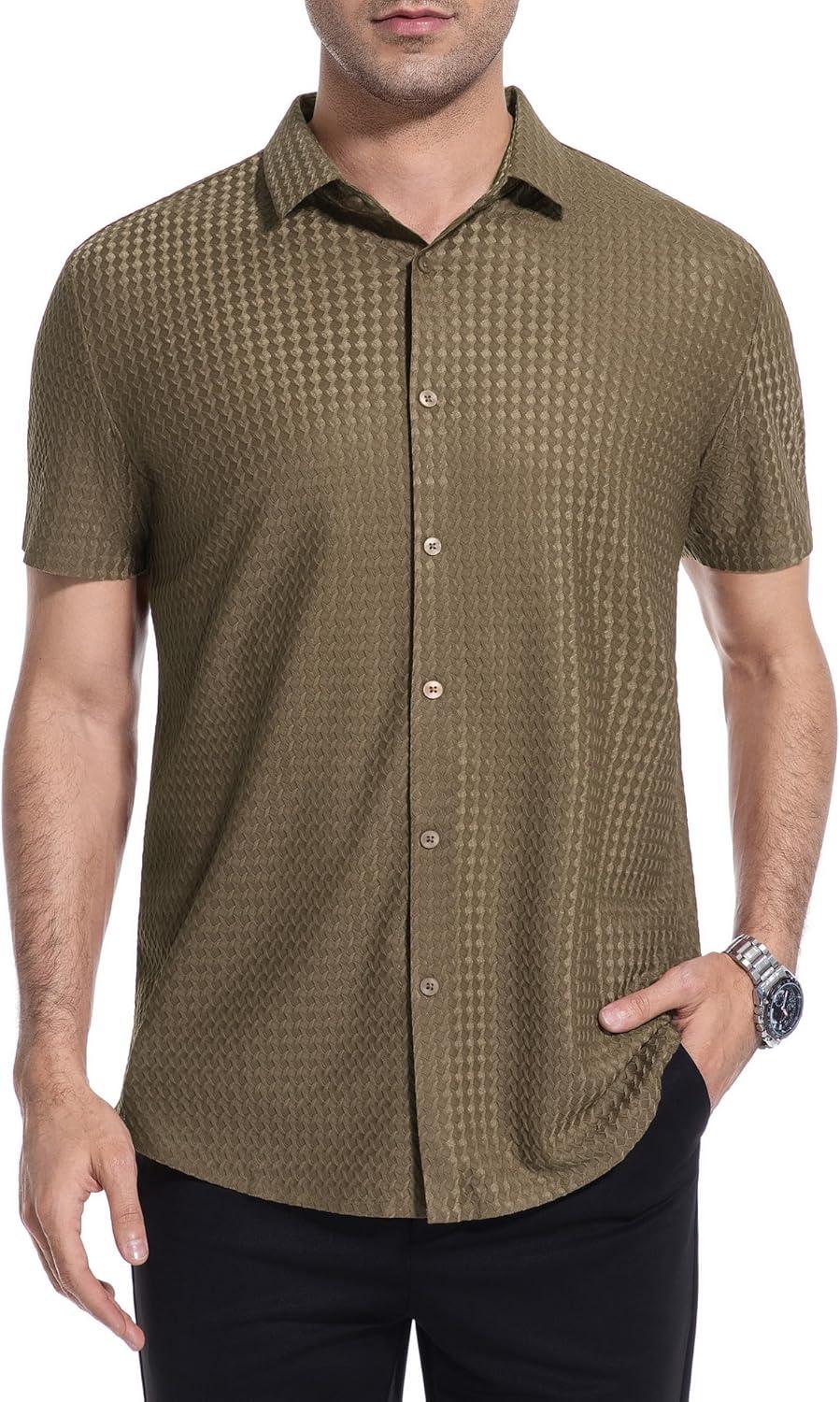 imageAlex Vando Mens Jacquard Knit Button Down Shirts Breathable Stretch Business Casual Short Sleeve ShirtCoffee