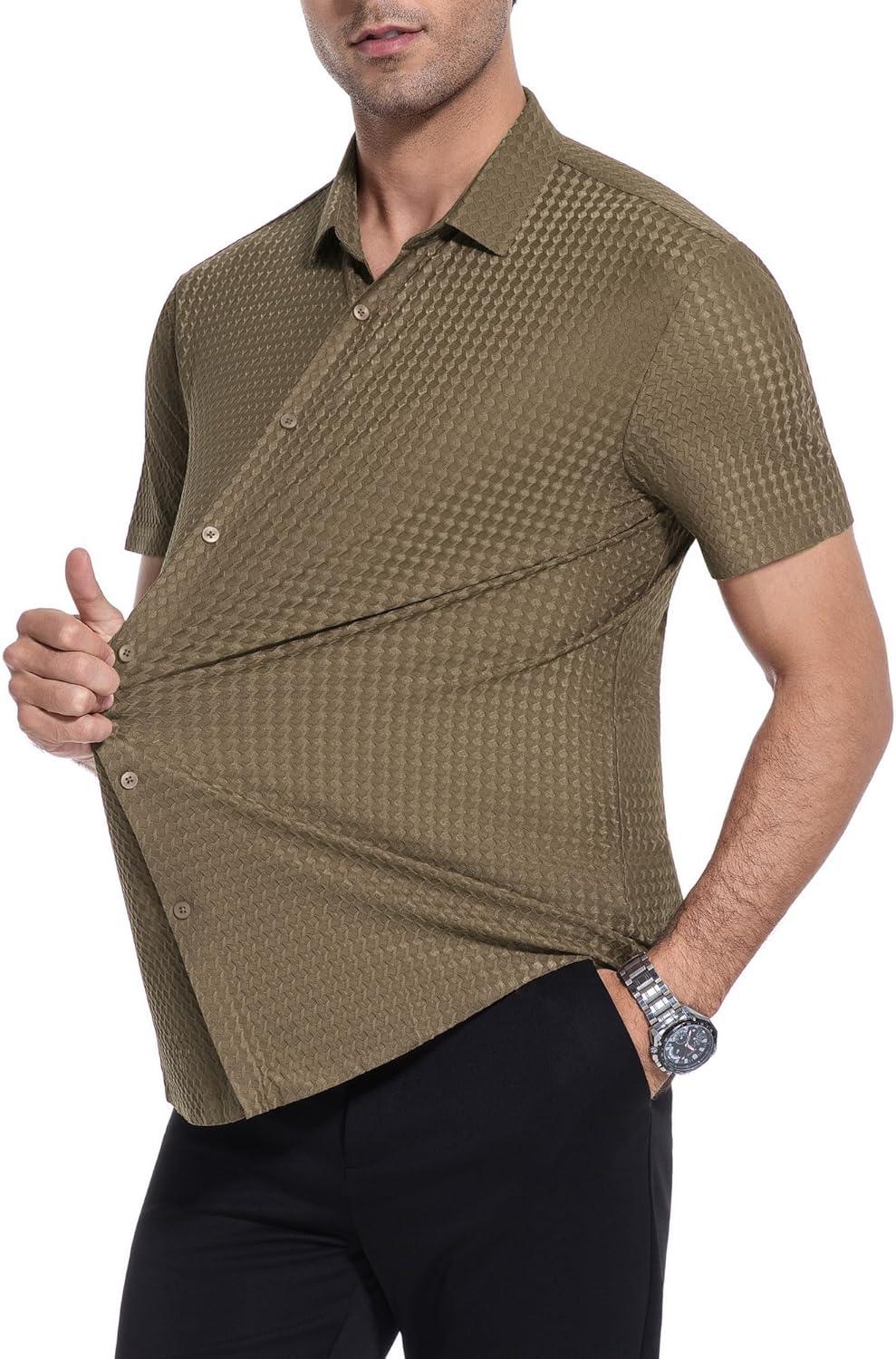 imageAlex Vando Mens Jacquard Knit Button Down Shirts Breathable Stretch Business Casual Short Sleeve ShirtCoffee