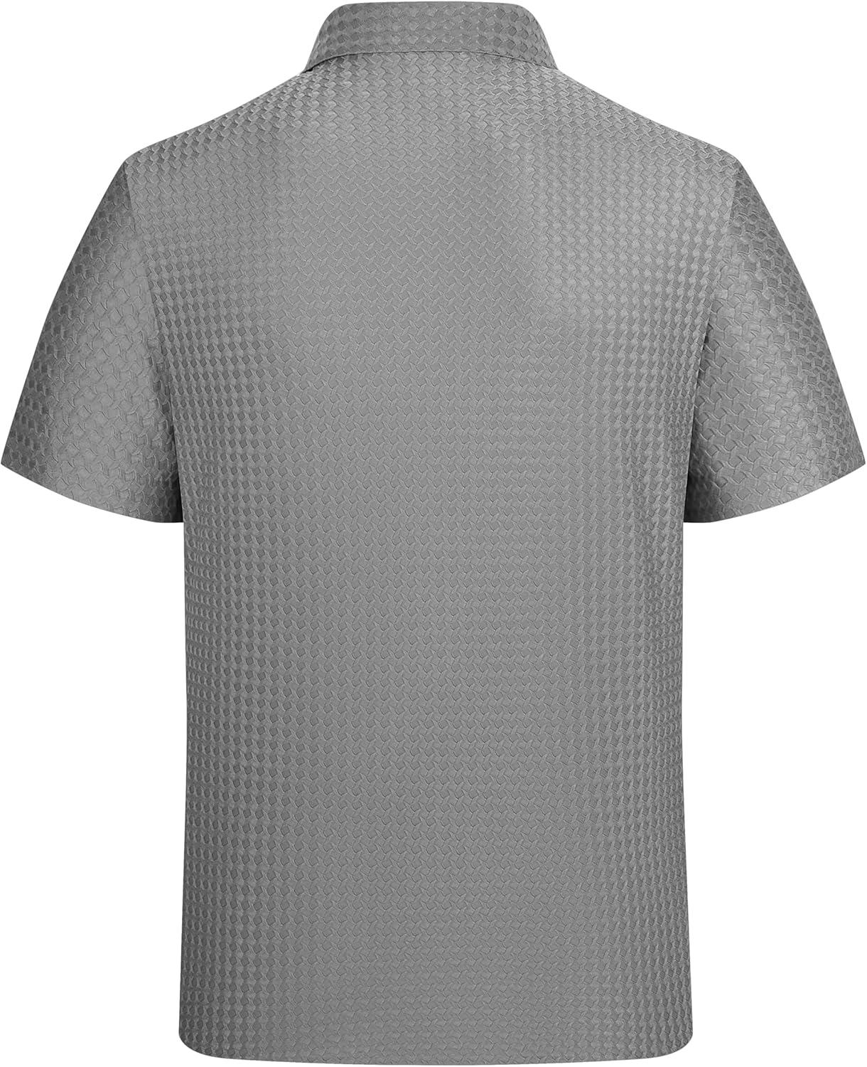 imageAlex Vando Mens Jacquard Knit Button Down Shirts Breathable Stretch Business Casual Short Sleeve ShirtGrey