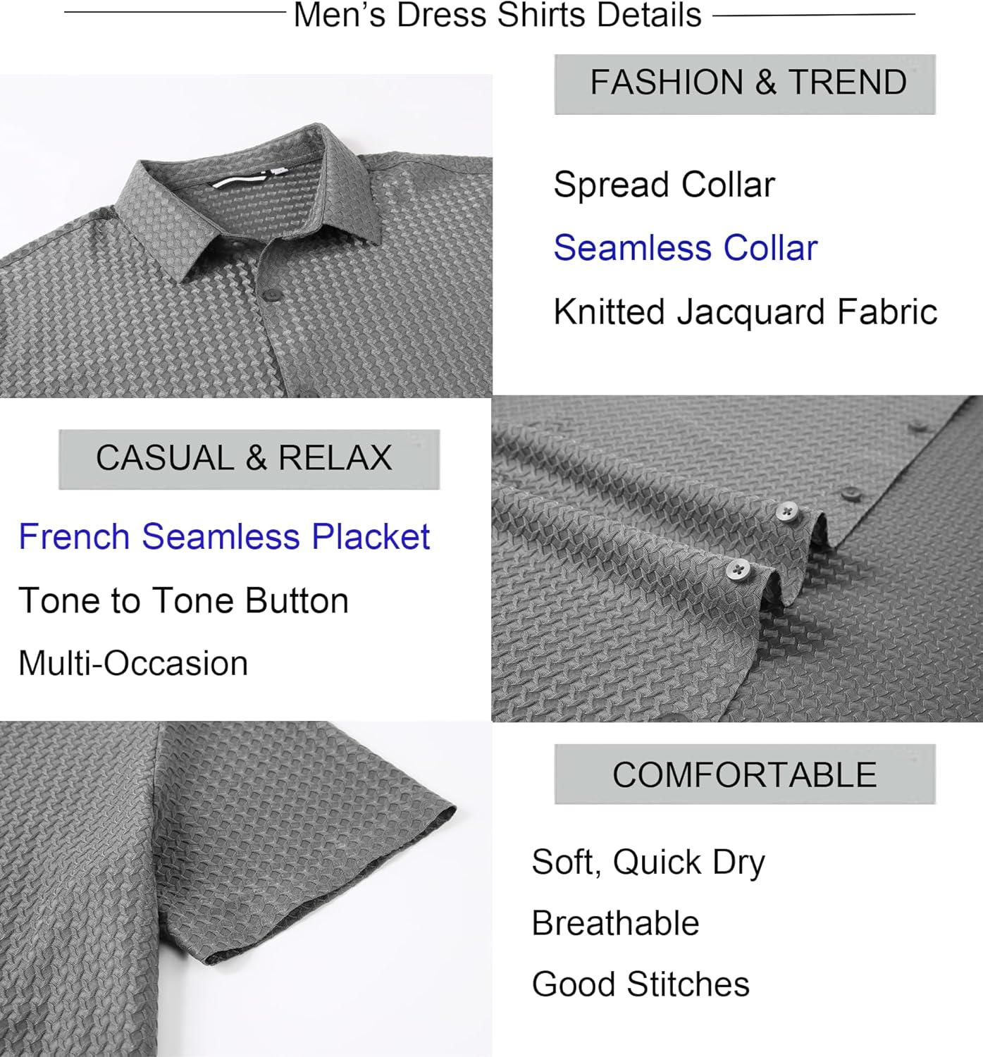 imageAlex Vando Mens Jacquard Knit Button Down Shirts Breathable Stretch Business Casual Short Sleeve ShirtGrey