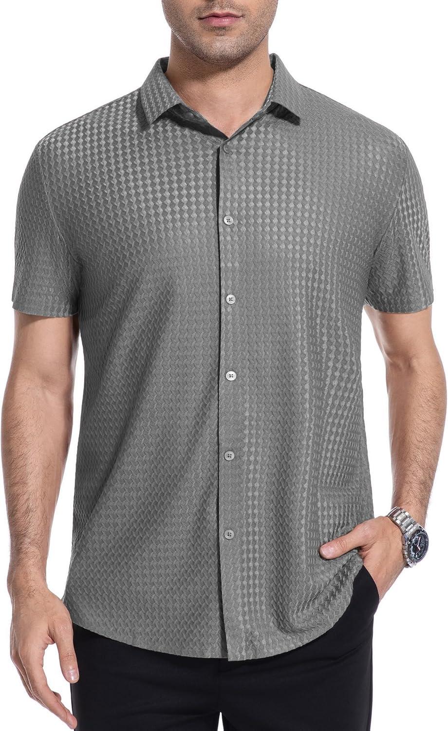 imageAlex Vando Mens Jacquard Knit Button Down Shirts Breathable Stretch Business Casual Short Sleeve ShirtGrey