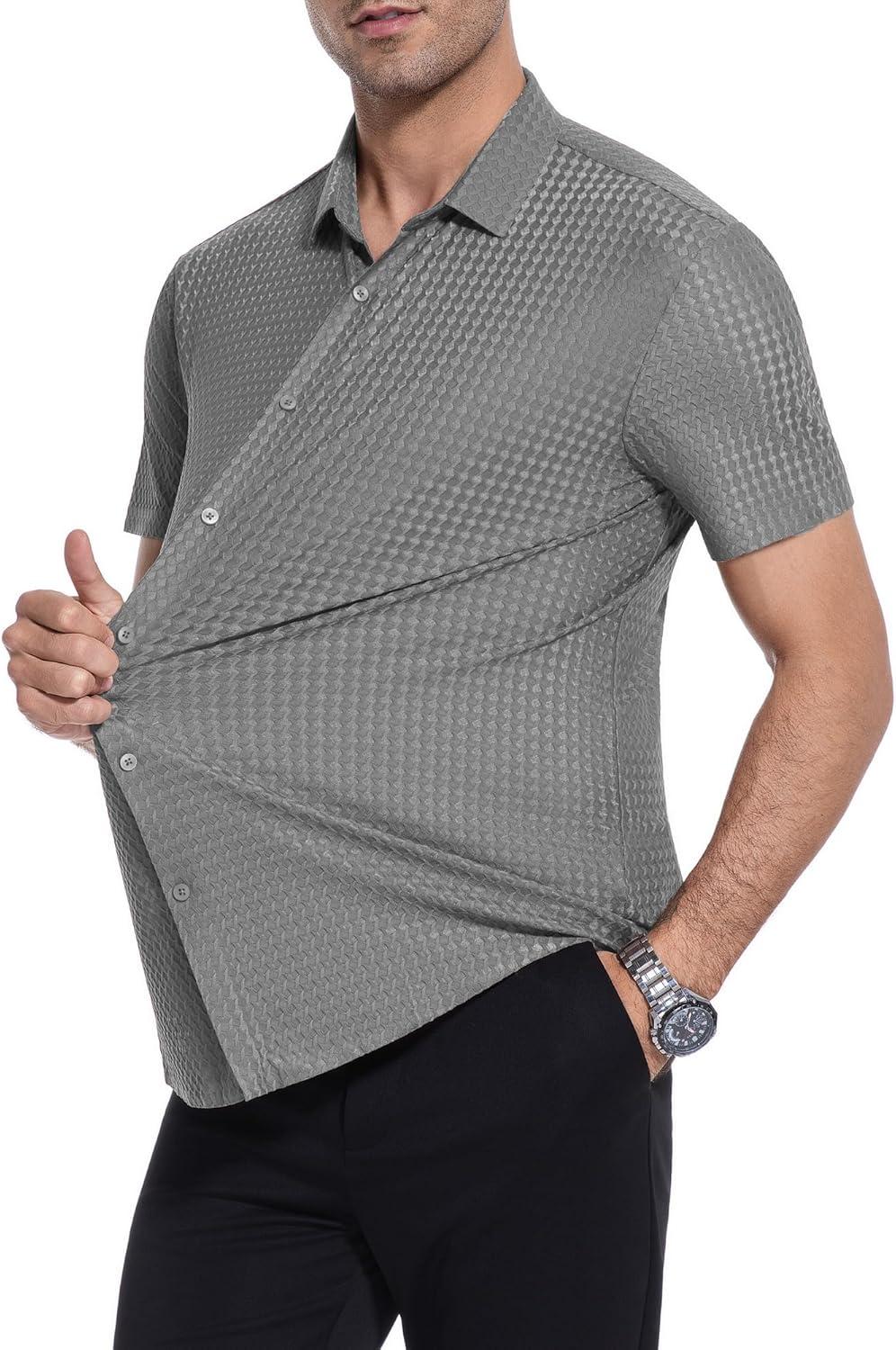 imageAlex Vando Mens Jacquard Knit Button Down Shirts Breathable Stretch Business Casual Short Sleeve ShirtGrey