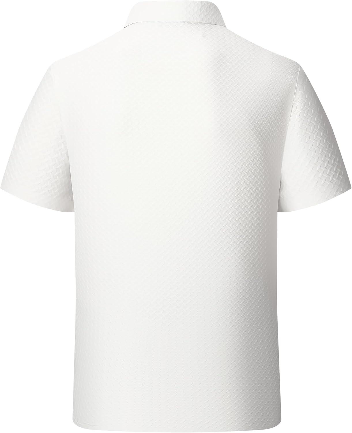 imageAlex Vando Mens Jacquard Knit Button Down Shirts Breathable Stretch Business Casual Short Sleeve ShirtWhite