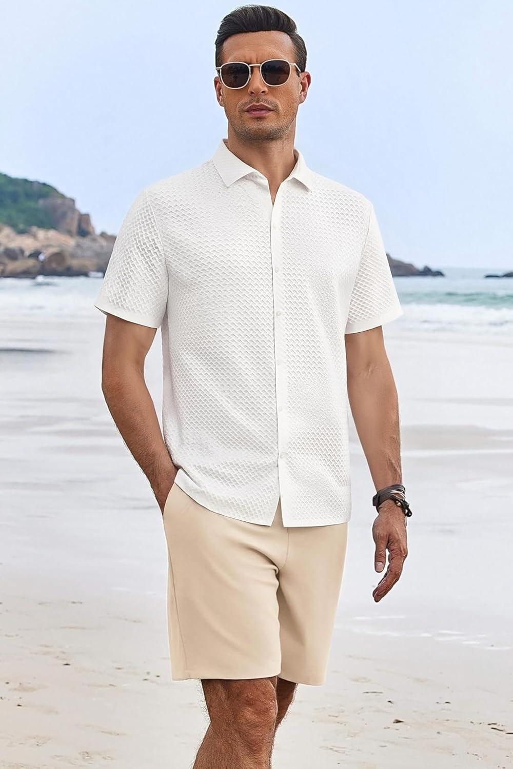 imageAlex Vando Mens Jacquard Knit Button Down Shirts Breathable Stretch Business Casual Short Sleeve ShirtWhite