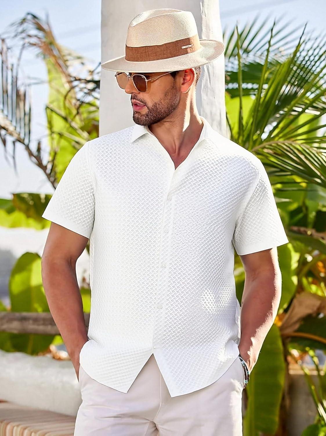 imageAlex Vando Mens Jacquard Knit Button Down Shirts Breathable Stretch Business Casual Short Sleeve ShirtWhite