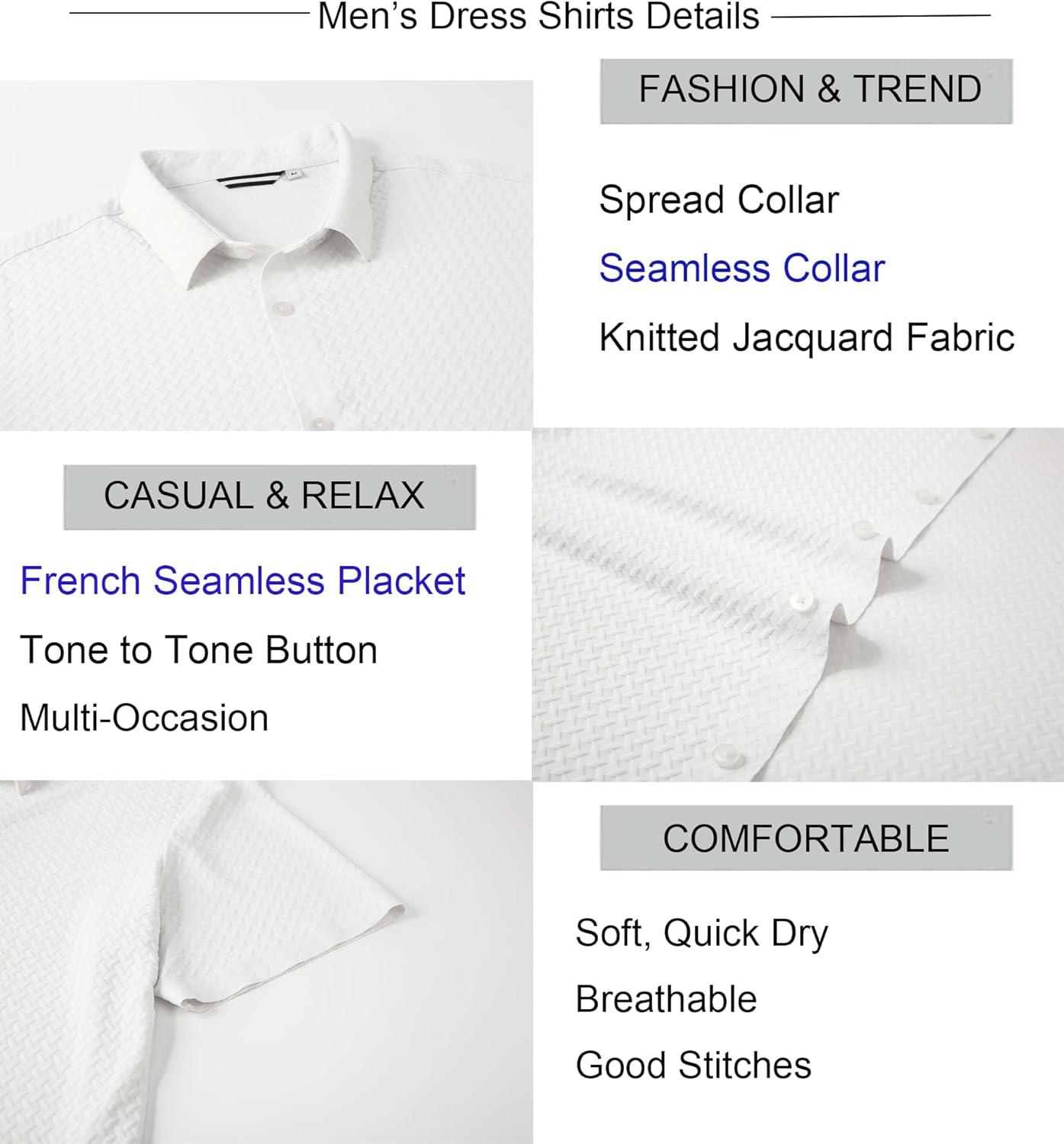 imageAlex Vando Mens Jacquard Knit Button Down Shirts Breathable Stretch Business Casual Short Sleeve ShirtWhite