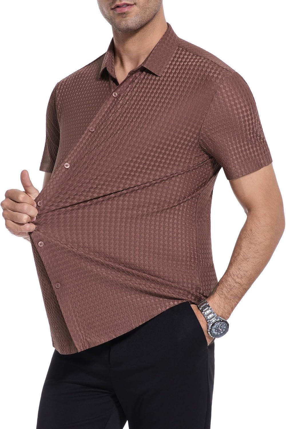 imageAlex Vando Mens Jacquard Knit Button Down Shirts Breathable Stretch Business Casual Short Sleeve ShirtWine