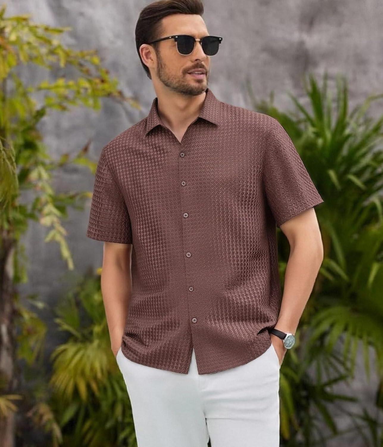 imageAlex Vando Mens Jacquard Knit Button Down Shirts Breathable Stretch Business Casual Short Sleeve ShirtWine