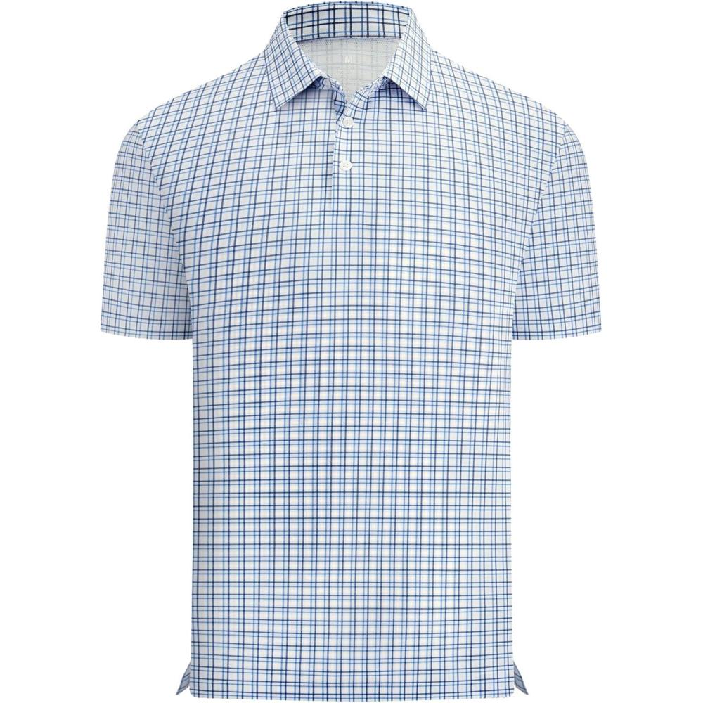 imageAlex Vando Mens Check Print Golf Shirt Cooling Stretch Short Sleeve Shirt for Golf Work amp CasualBlue Navy Check