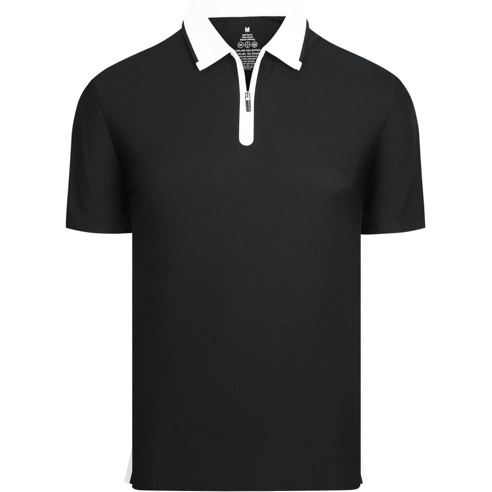 imageAlex Vando Mens Golf Shirt Quick Dry Stretch Performance Zip Short Sleeve Polo ShirtBlack