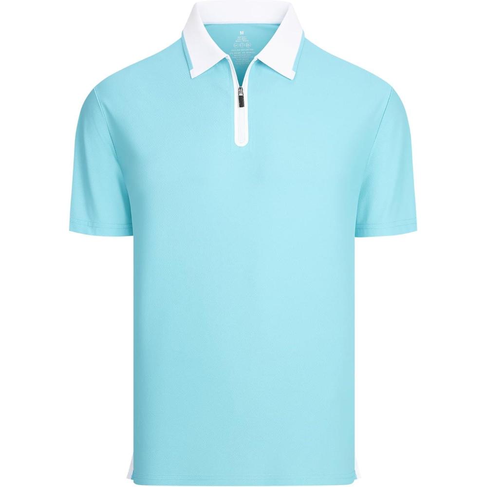 imageAlex Vando Mens Golf Shirt Quick Dry Stretch Performance Zip Short Sleeve Polo ShirtBlue