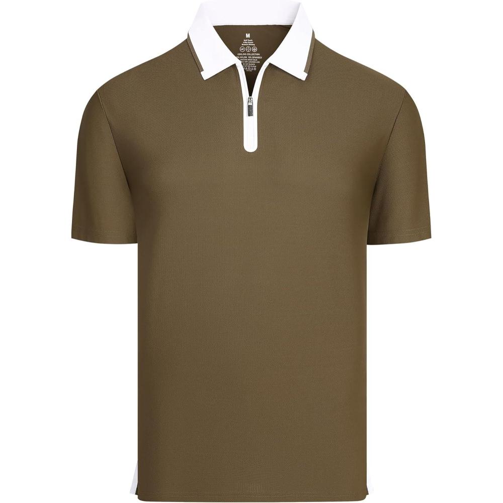imageAlex Vando Mens Golf Shirt Quick Dry Stretch Performance Zip Short Sleeve Polo ShirtCoffee