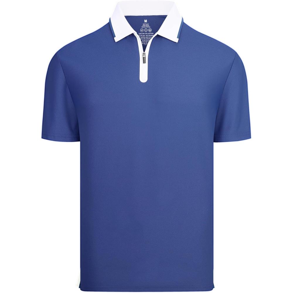 imageAlex Vando Mens Golf Shirt Quick Dry Stretch Performance Zip Short Sleeve Polo ShirtRoyal