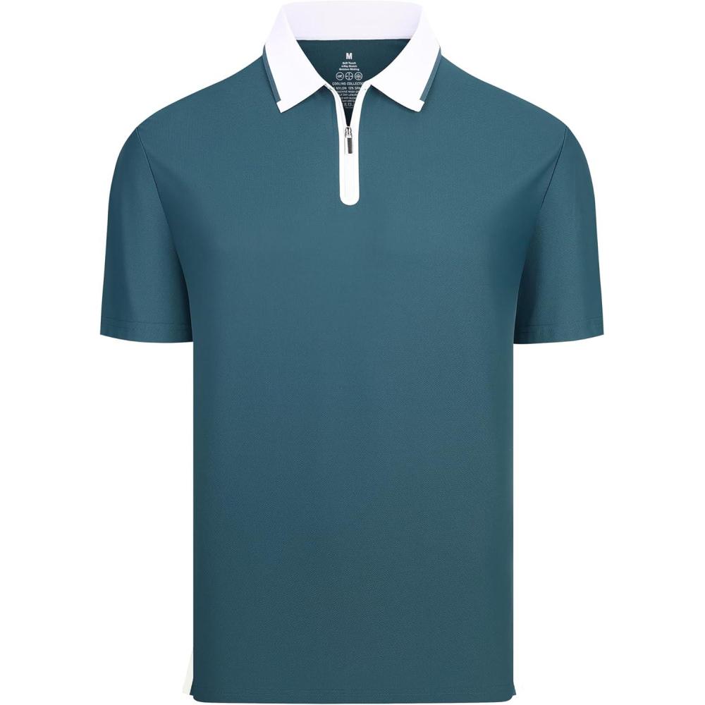 imageAlex Vando Mens Golf Shirt Quick Dry Stretch Performance Zip Short Sleeve Polo ShirtTeal