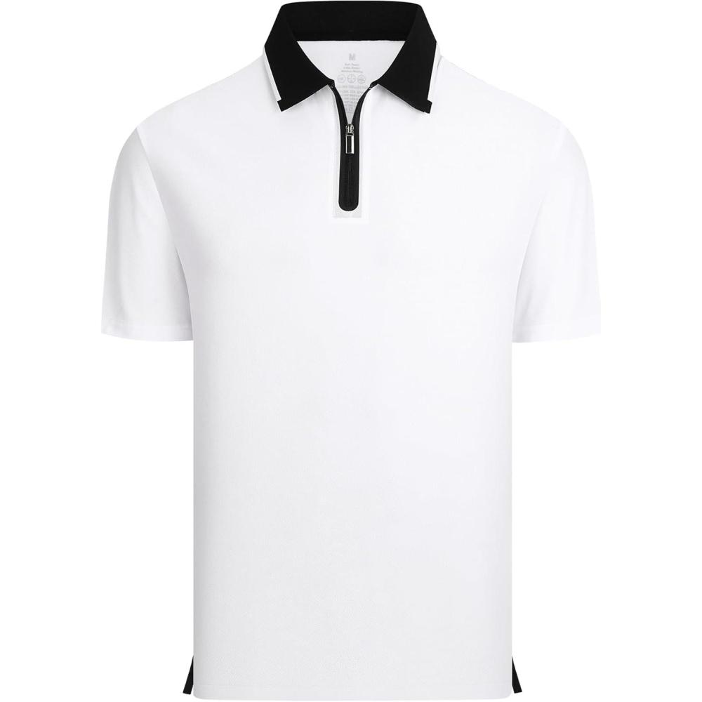 imageAlex Vando Mens Golf Shirt Quick Dry Stretch Performance Zip Short Sleeve Polo ShirtWhite