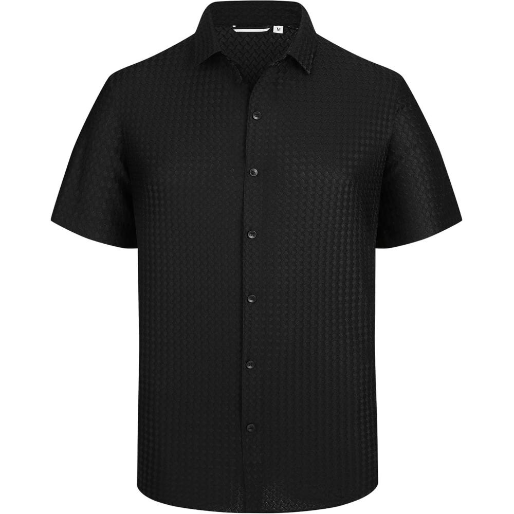imageAlex Vando Mens Jacquard Knit Button Down Shirts Breathable Stretch Business Casual Short Sleeve ShirtBlack