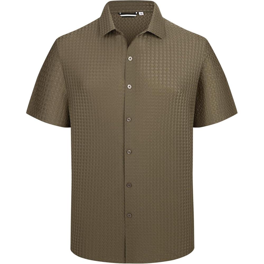 imageAlex Vando Mens Jacquard Knit Button Down Shirts Breathable Stretch Business Casual Short Sleeve ShirtCoffee