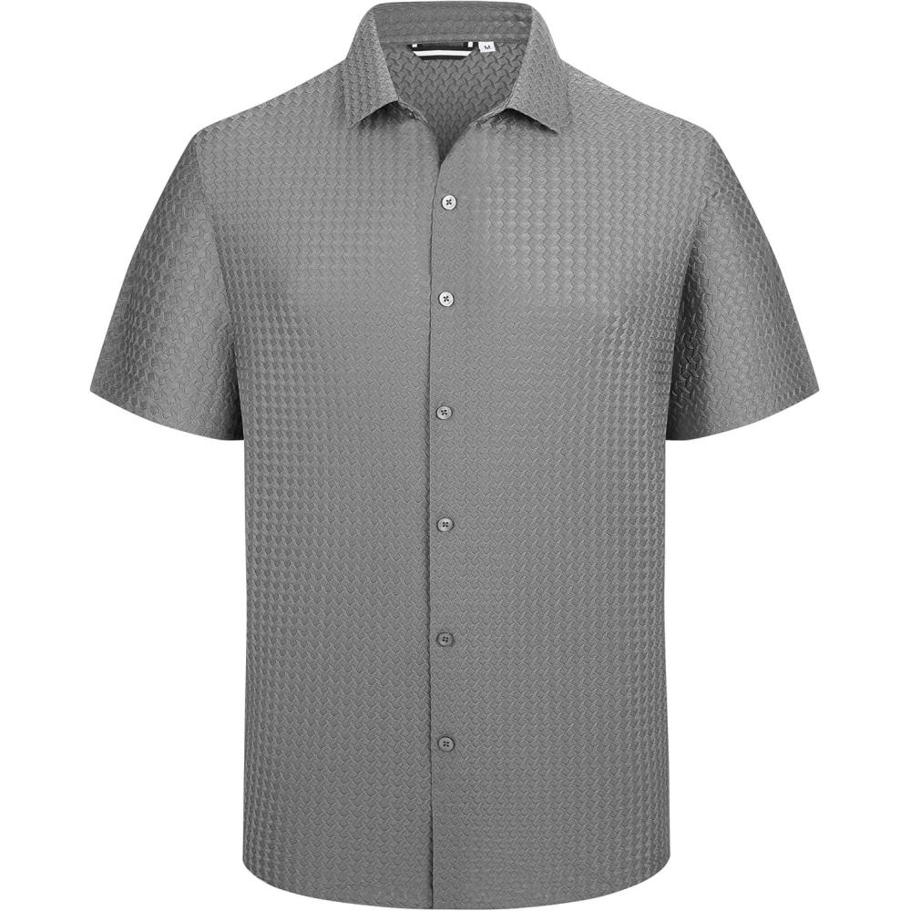 imageAlex Vando Mens Jacquard Knit Button Down Shirts Breathable Stretch Business Casual Short Sleeve ShirtGrey