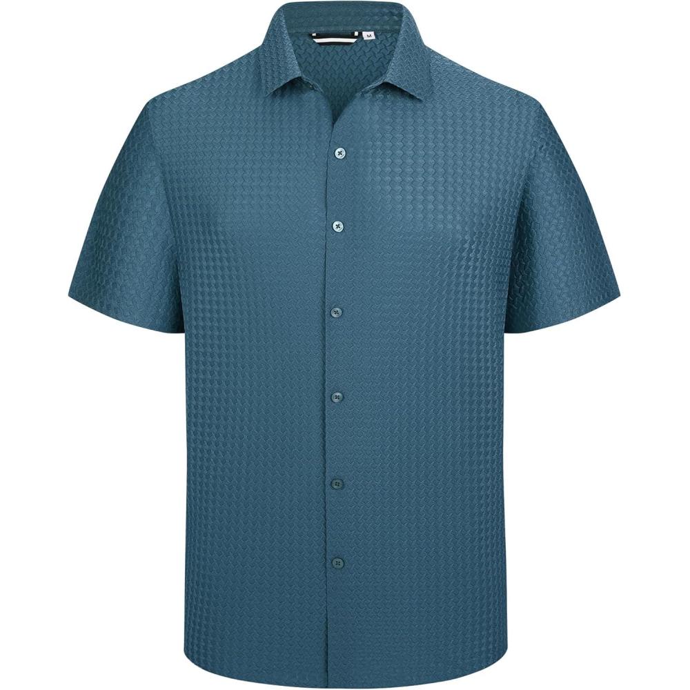 imageAlex Vando Mens Jacquard Knit Button Down Shirts Breathable Stretch Business Casual Short Sleeve ShirtTeal