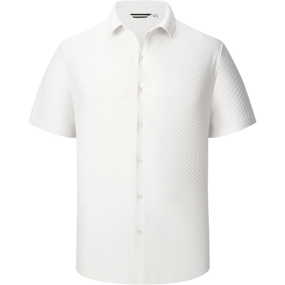 imageAlex Vando Mens Jacquard Knit Button Down Shirts Breathable Stretch Business Casual Short Sleeve ShirtWhite