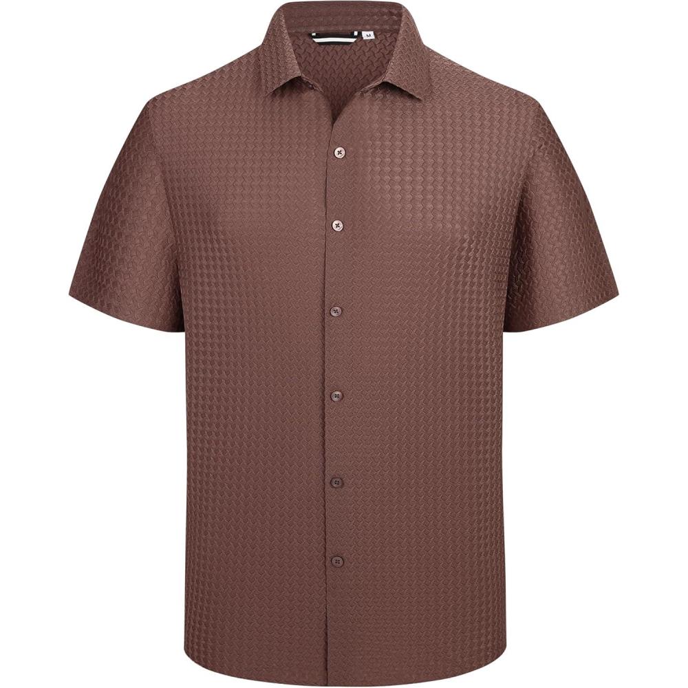 imageAlex Vando Mens Jacquard Knit Button Down Shirts Breathable Stretch Business Casual Short Sleeve ShirtWine