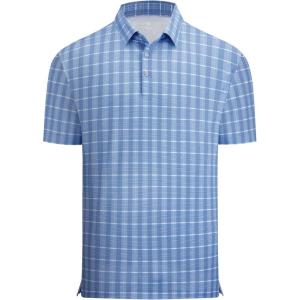 Alex Vando Men’s Check Print Golf Shirt Cooling Stretch Short Sleeve Shirt for Golf, Work & Casual(Blue White Check)