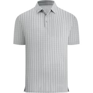 Alex Vando Men’s Check Print Golf Shirt Cooling Stretch Short Sleeve Shirt for Golf, Work & Casual(Grey Twill Check)