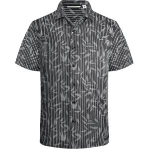 Alex Vando Mens Print Button Down Shirts Short Sleeve Business Casual Dress Shirt(Black Leaf)