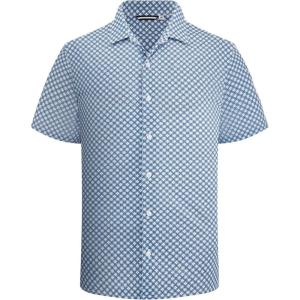 Alex Vando Mens Print Button Down Shirts Short Sleeve Business Casual Dress Shirt(White Flower)
