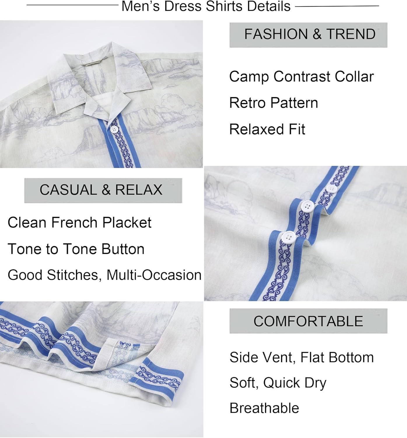 imageAlex Vando Mens Linen Blend Short Sleeve Shirt Vintage Printed Beach Button Down Resort Vacation Casual ShirtsBeige Mountain