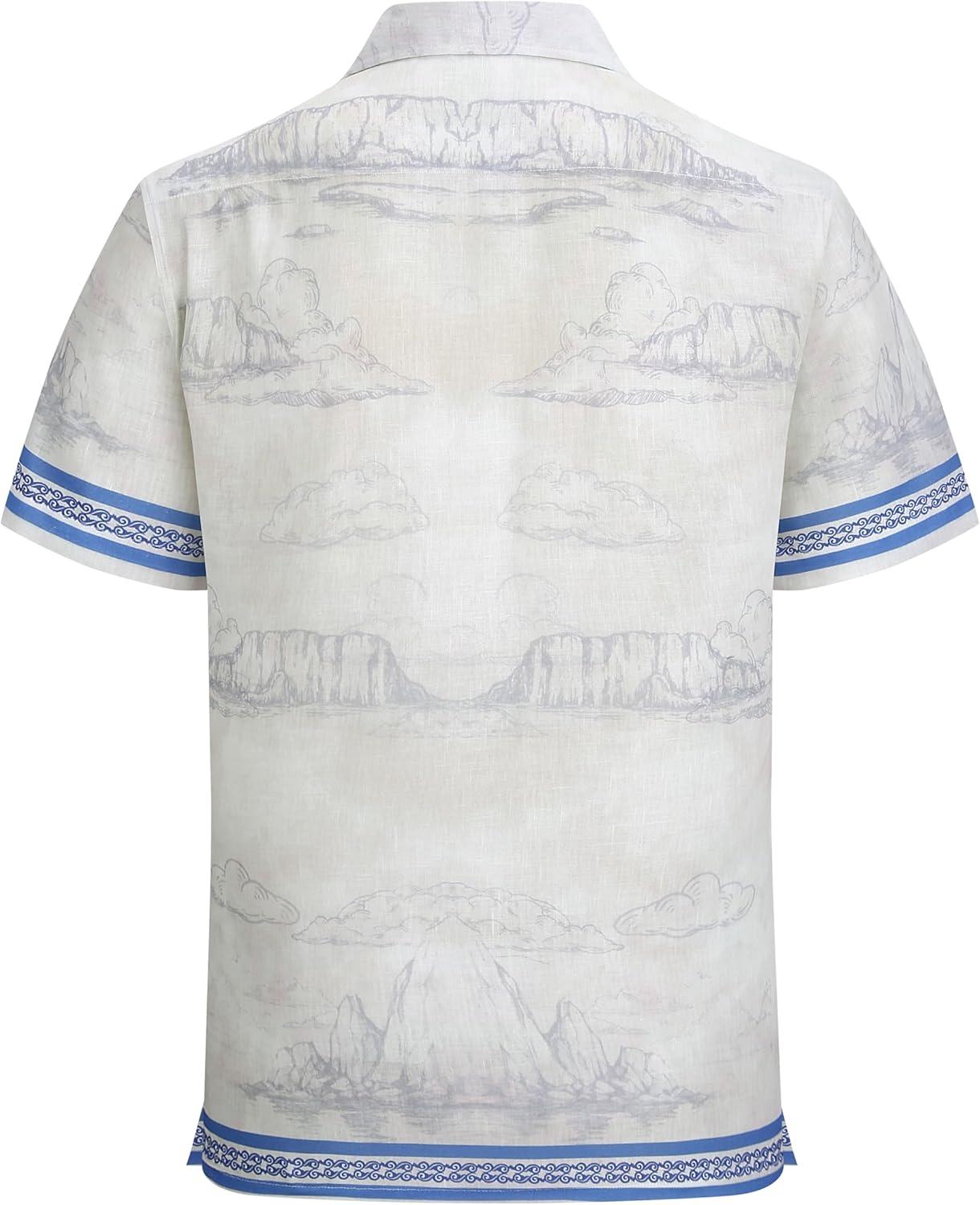 imageAlex Vando Mens Linen Blend Short Sleeve Shirt Vintage Printed Beach Button Down Resort Vacation Casual ShirtsBeige Mountain