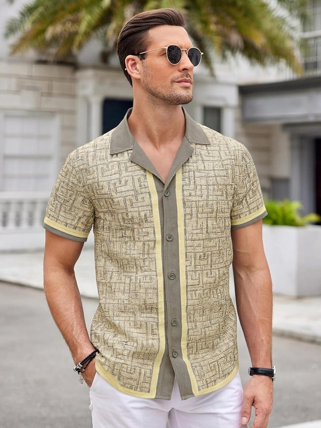 imageAlex Vando Mens Linen Blend Short Sleeve Shirt Vintage Printed Beach Button Down Resort Vacation Casual ShirtsKhaki Maze