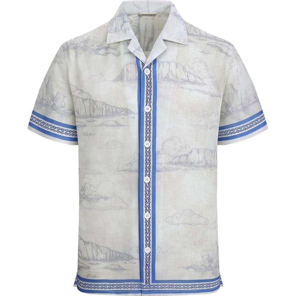 imageAlex Vando Mens Linen Blend Short Sleeve Shirt Vintage Printed Beach Button Down Resort Vacation Casual ShirtsBeige Mountain