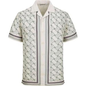Alex Vando Men’s Linen Blend Short Sleeve Shirt Vintage Printed Beach Button Down Resort Vacation Casual Shirts(Beige Weave)