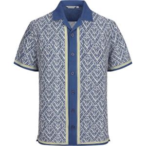 Alex Vando Men’s Linen Blend Short Sleeve Shirt Vintage Printed Beach Button Down Resort Vacation Casual Shirts(Darkeblue Corner)