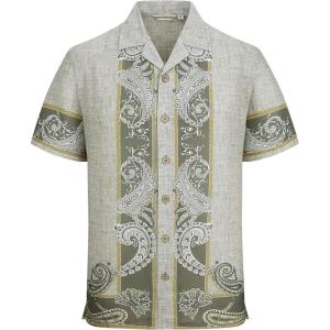 Alex Vando Men’s Linen Blend Short Sleeve Shirt Vintage Printed Beach Button Down Resort Vacation Casual Shirts(Khaki Paisley)